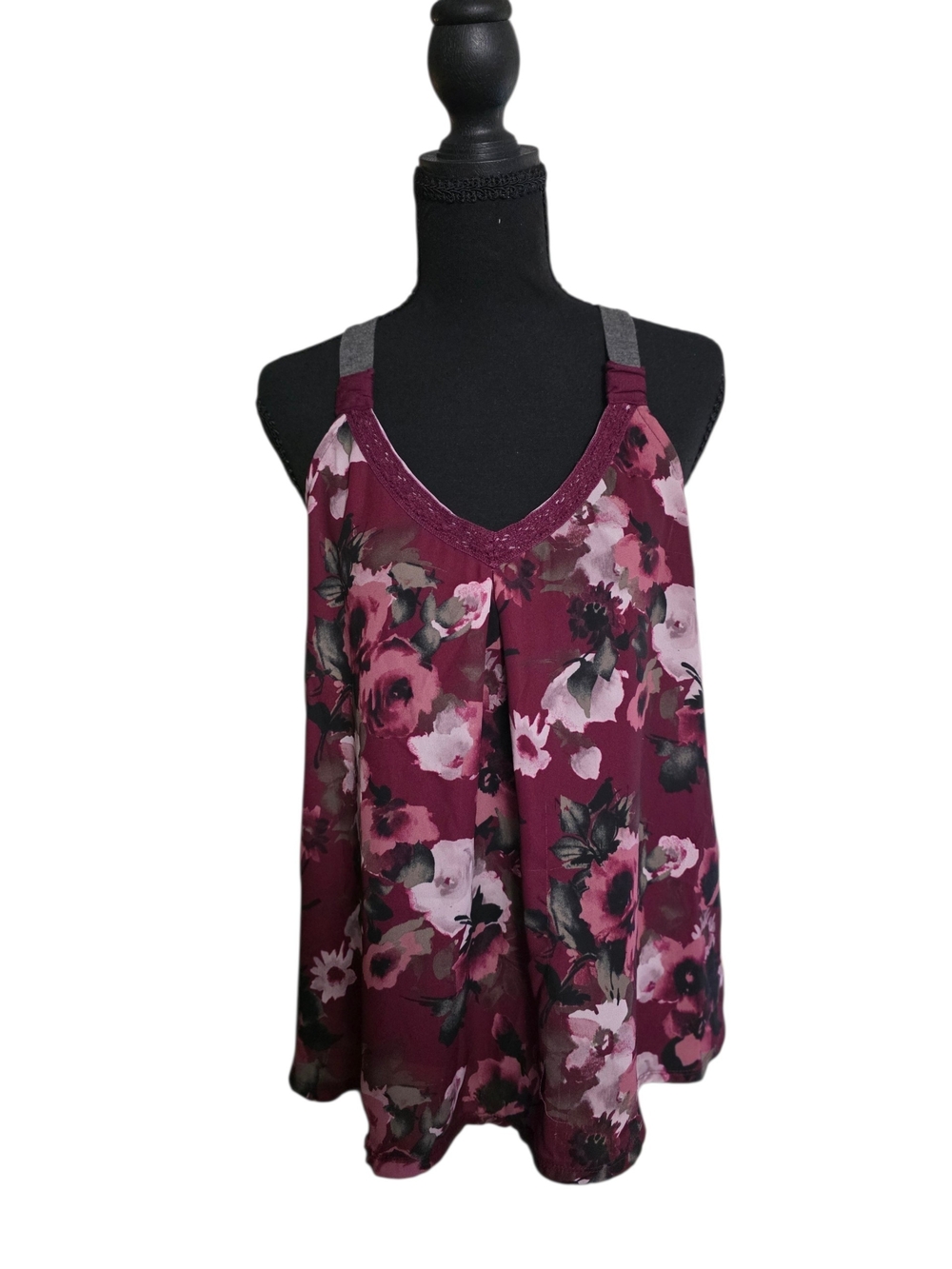 Xhilaration Floral V-Neck Tank Top - Burgundy & Pink